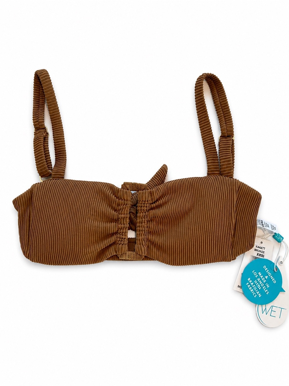 NWT $108 WET Ribbed Bandeau Bikini Top Bronze XS Cutout Strappy Resort Beach